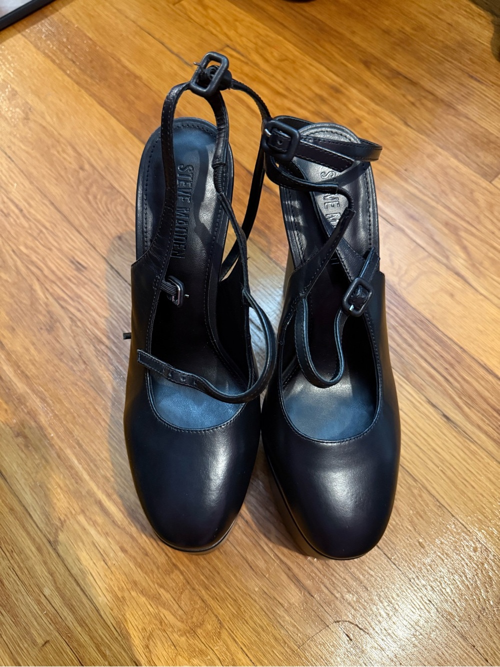 Steve Madden Black Leather Strappy Round-Toe Heels